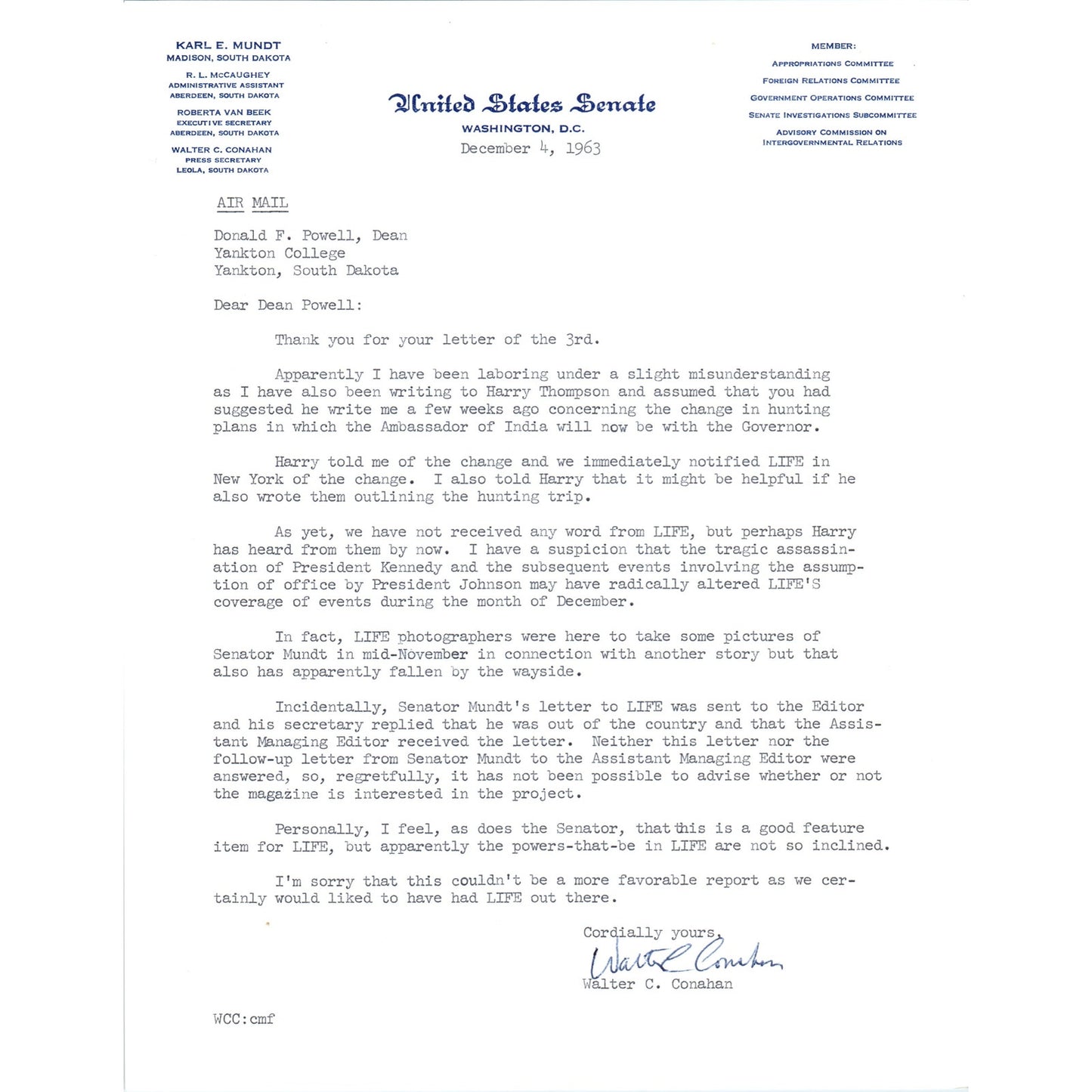 Senator Karl Mundt Official Letterhead Signed by Walter C. Conahan 1963 B11