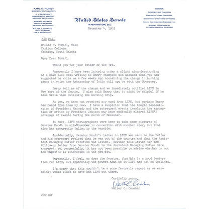 Senator Karl Mundt Official Letterhead Signed by Walter C. Conahan 1963 B11