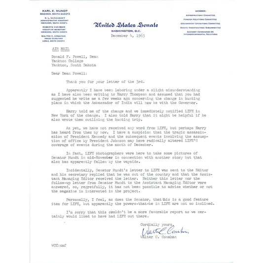 Senator Karl Mundt Official Letterhead Signed by Walter C. Conahan 1963 B11