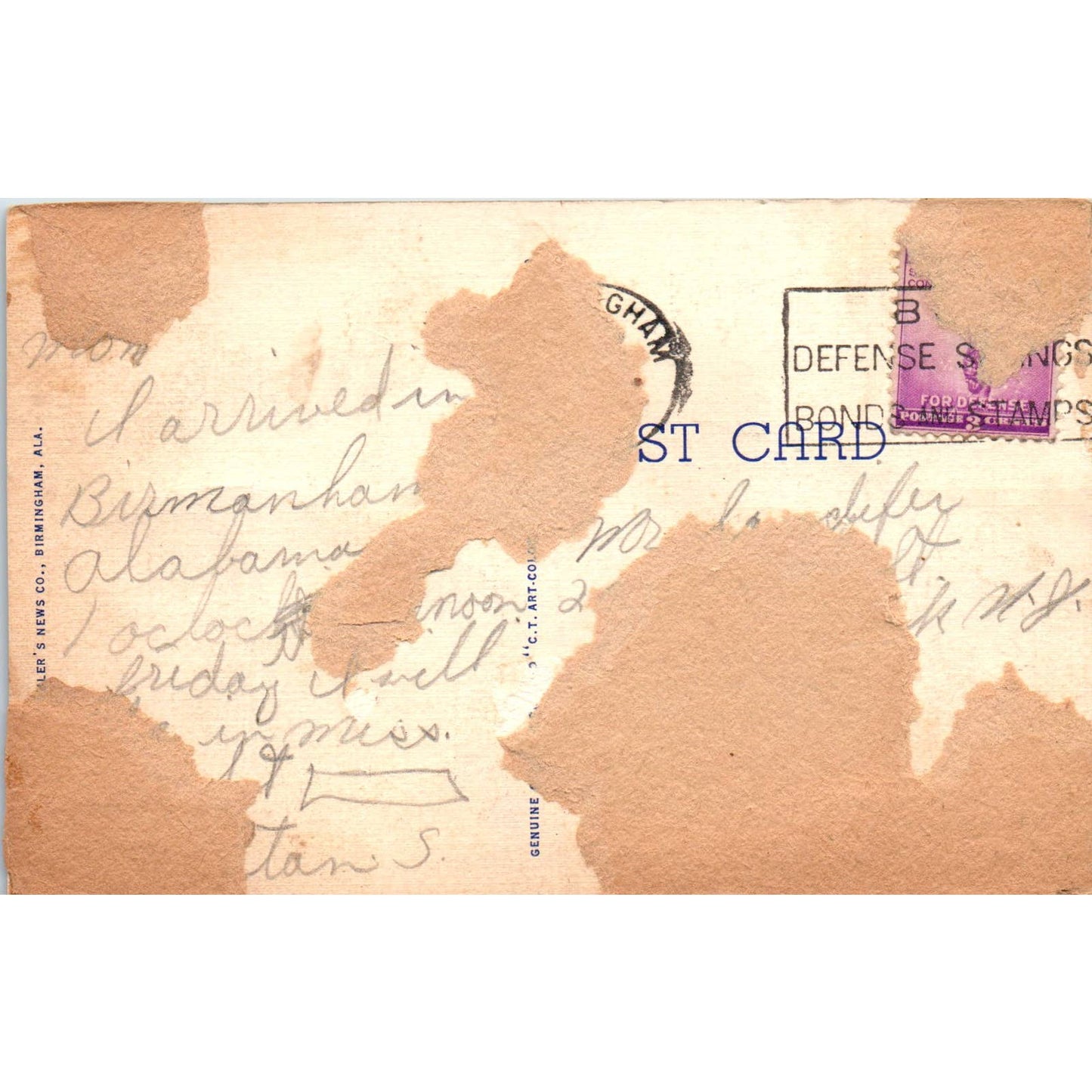 Greetings from Birmingham Alabama Linen - Original Postcard TJ7-RP1