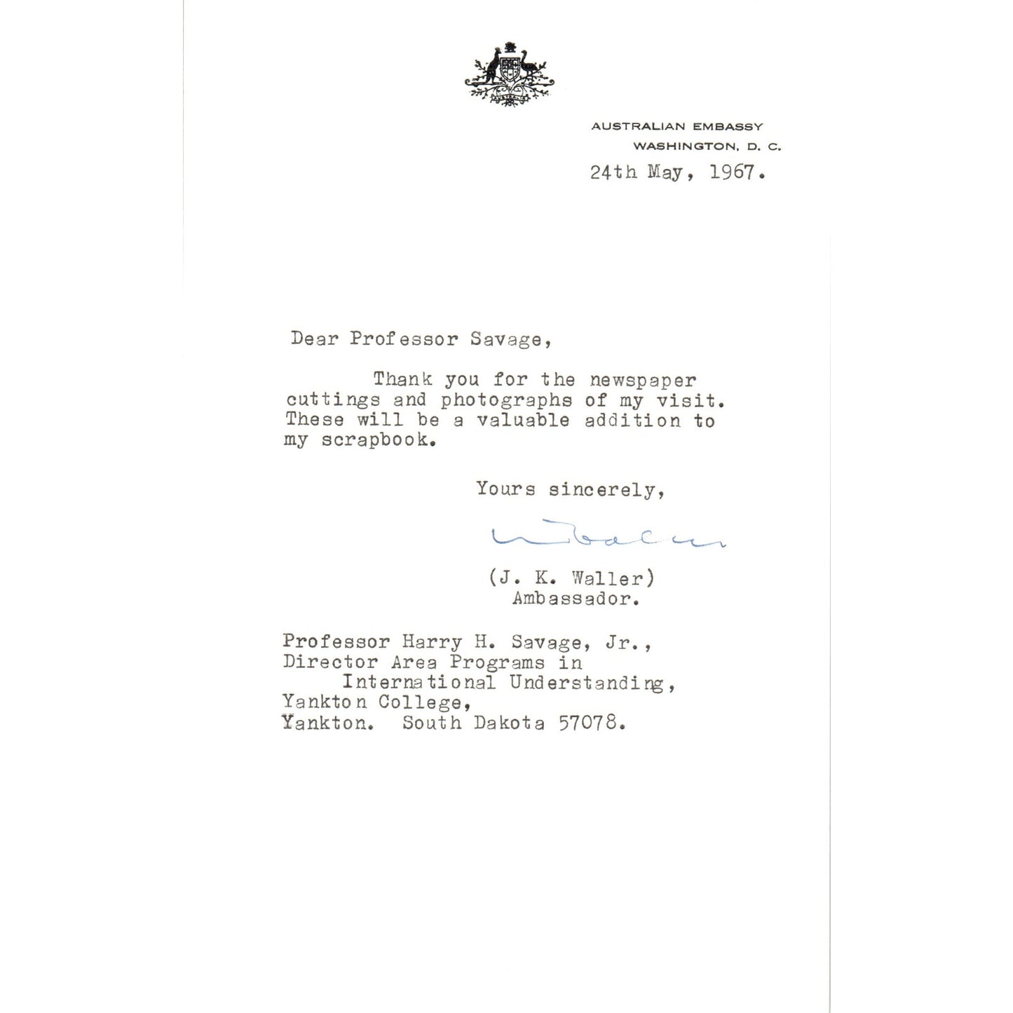 Australian Embassy Letterhead Memo J.K. Waller May 1967 B13