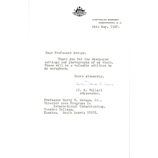 Australian Embassy Letterhead Memo J.K. Waller May 1967 B13