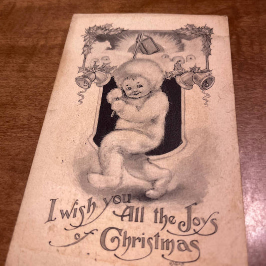 c1910 B&W Snow Baby I Wish You All The Joys Christmas Greetings Postcard PA2