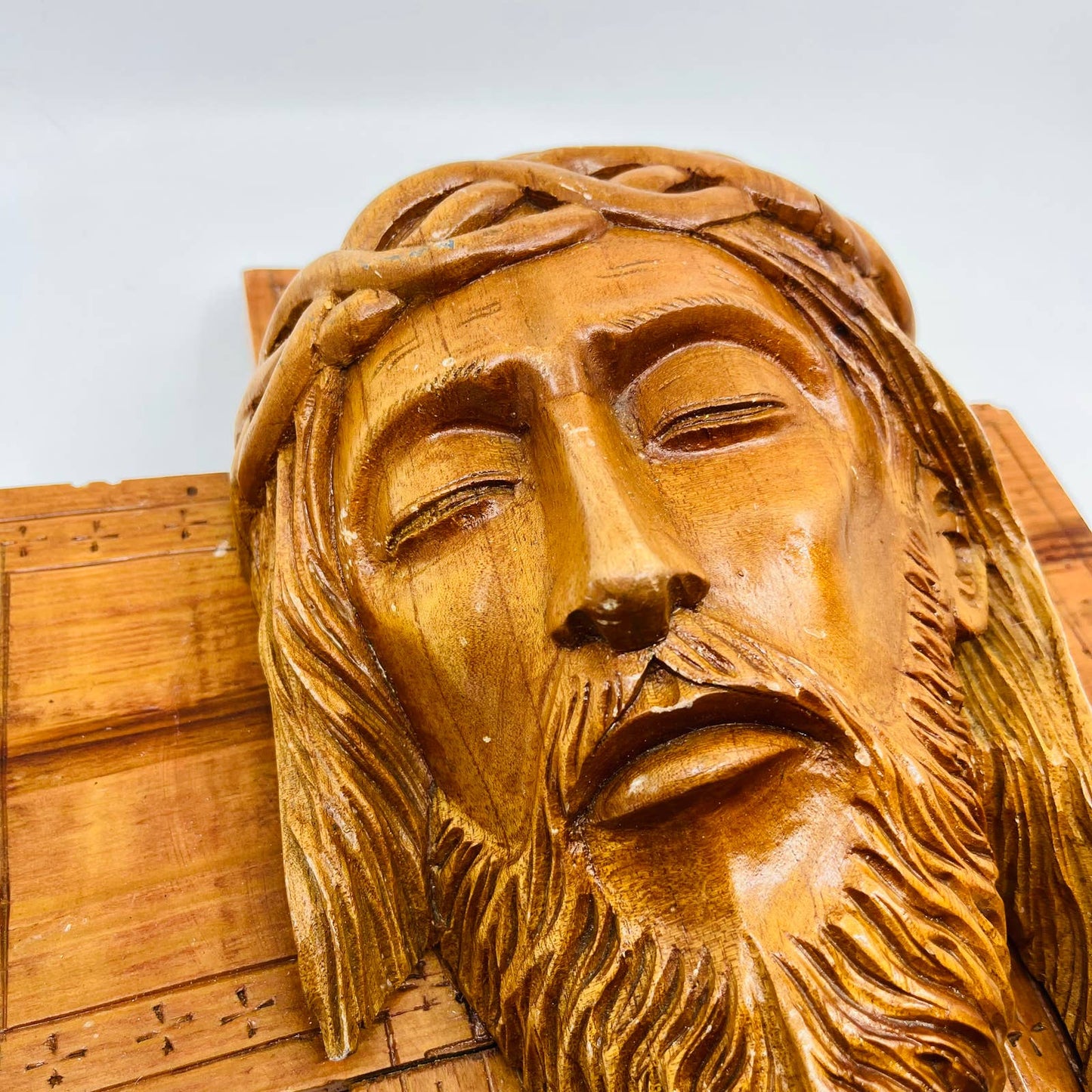 Amazing Hand Carved Jesus Face Cross Relief Wall Plaque Olive Wood 12x13x4