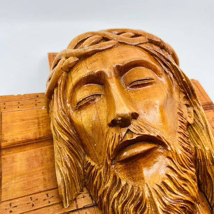 Amazing Hand Carved Jesus Face Cross Relief Wall Plaque Olive Wood 12x13x4