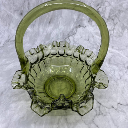 Vintage FENTON Colonial Green Glass 8" Basket Ruffled Edge Thumbprint Design TA2