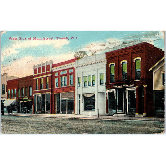 West Side of Main Street Tomah WI 1913 Original Postcard TJ9-P3