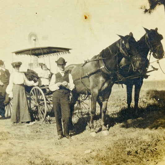 Antique Photograph Victorian Men and Women with 2 Horses Pulling Carriage 3” AA2