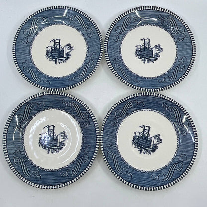 Currier & Ives BLUE Steamboat Royal China Set of 4 Dessert Plates 6” TI3