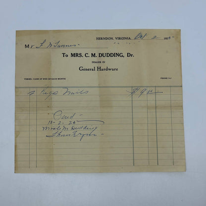 1925 Receipt Mrs. C.M. Dudding General Hardware Herndon VA AA6