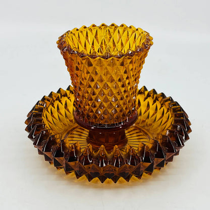 VTG 1970 Indiana Glass Diamond Point Amber Candle Votive Candlestick Holder TC1