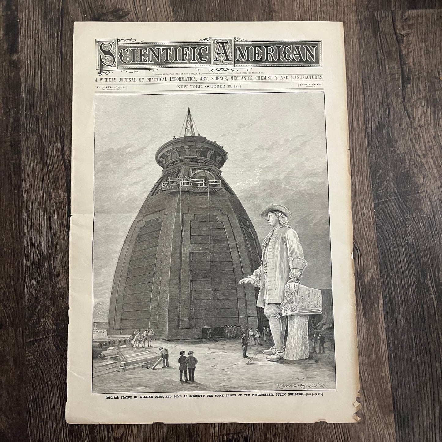 William Penn Statue Engraving Cover Page 1892 Original Scientific American D8-1