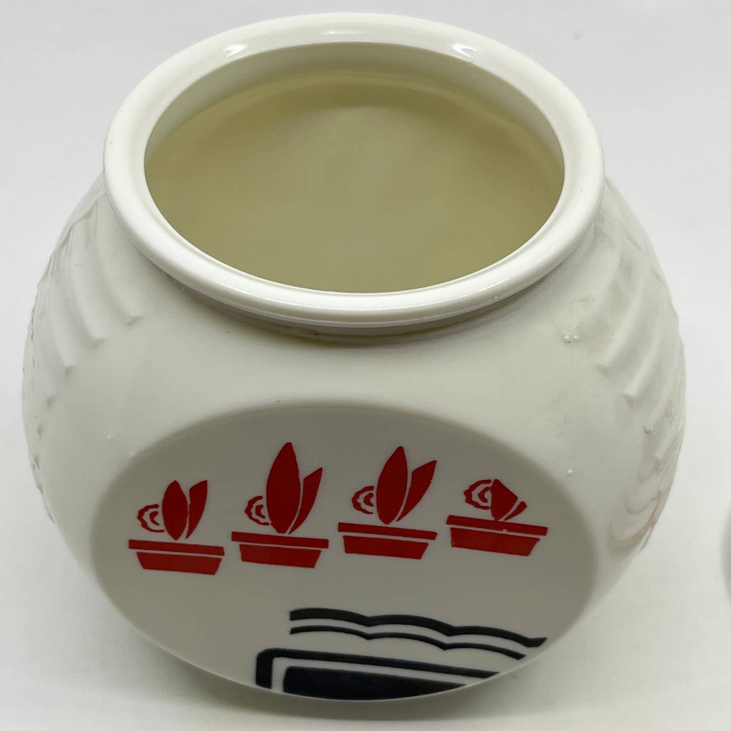 Fire King Anchor Hocking Vitrock White Grease Jar w/ Lid Red Flower Pots TC3