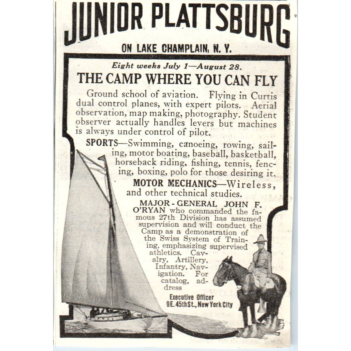 c1920 Harper's Magazine Ad- Junior Plattsburg Summer Camp on Lake Champlain  EA3