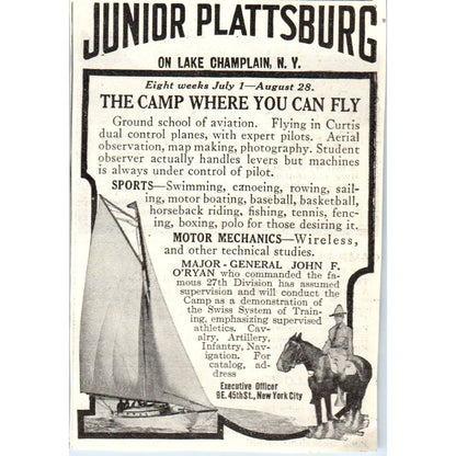 c1920 Harper's Magazine Ad- Junior Plattsburg Summer Camp on Lake Champlain  EA3