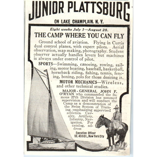 c1920 Harper's Magazine Ad- Junior Plattsburg Summer Camp on Lake Champlain  EA3