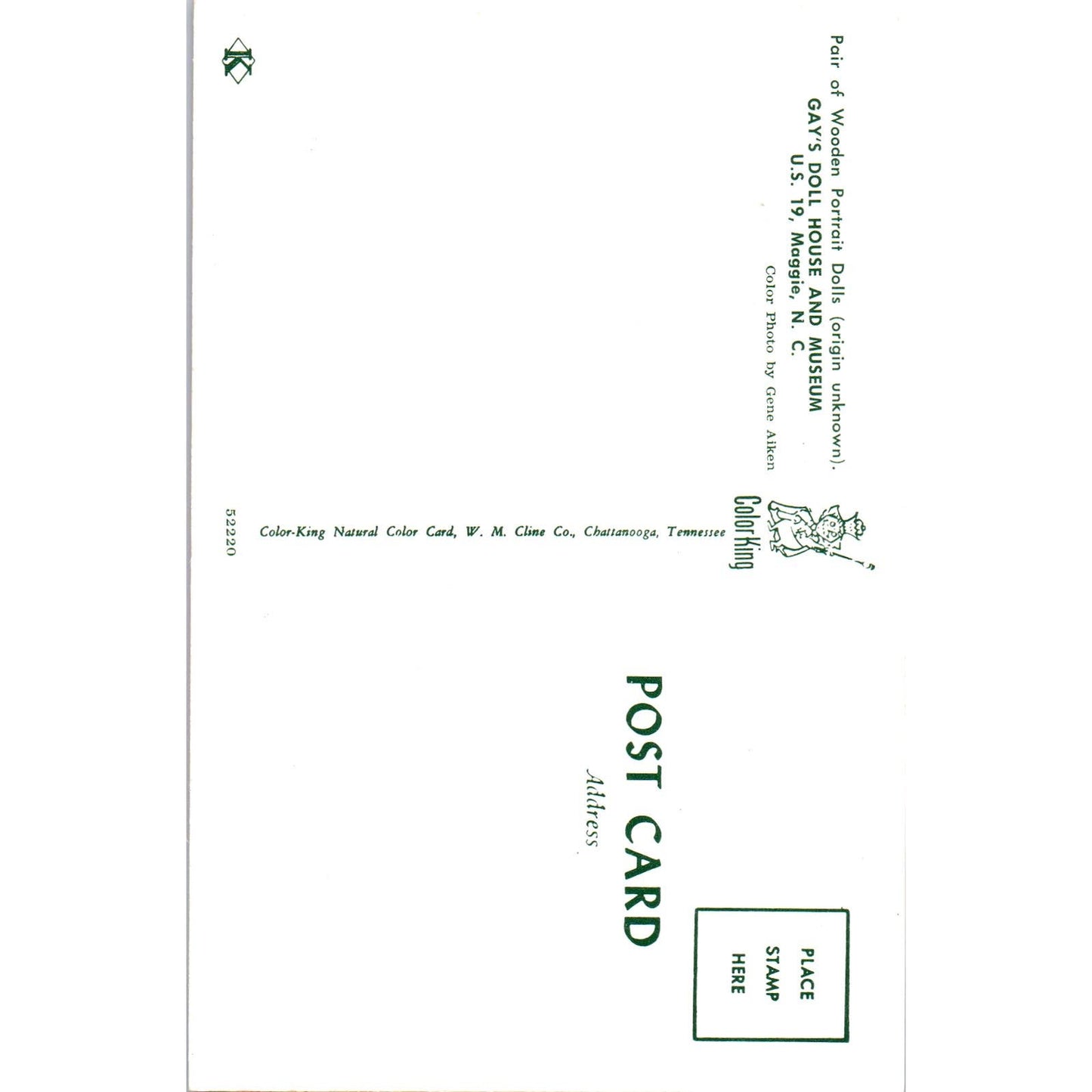 Wooden Portrait Dolls Gay's Doll House & Museum Maggie NC Original Postcard PB7