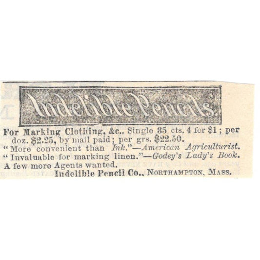 Indelible Pencils Northampton Mass - Ad 1878 Original TJ7-L2-4