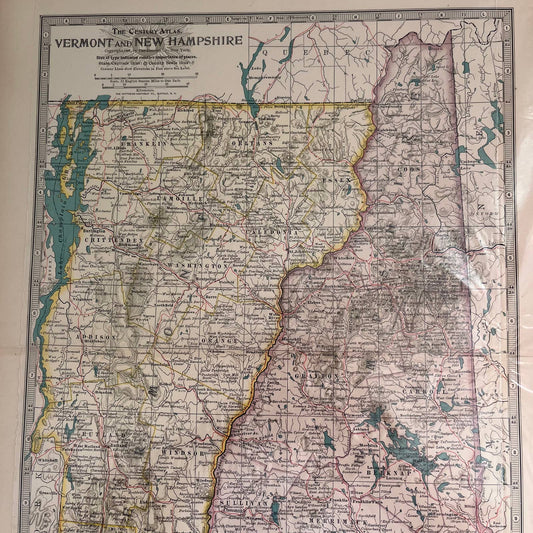 1897 The Century Atlas Map of Vermont & New Hampshire Color Engraved 12.5x17 FL5