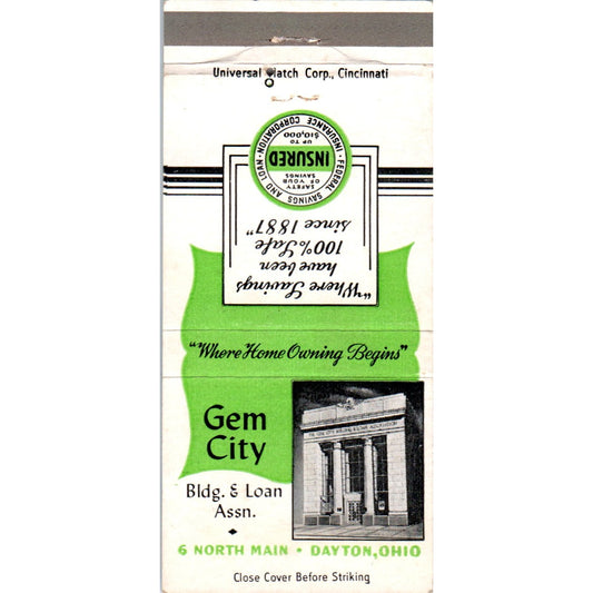 Gem City Bldg & Loan Dayton OH Advertising Matchbook Cover MM9-7