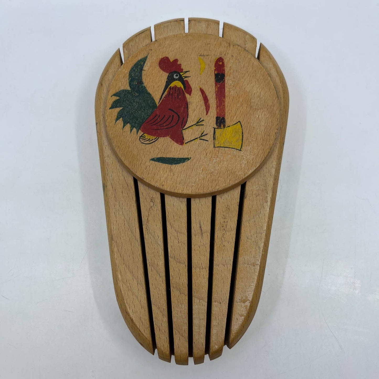 VTG Kitsch Wood Knife Block w/Rooster Wall Hanger MARBO Japan 9" TI2