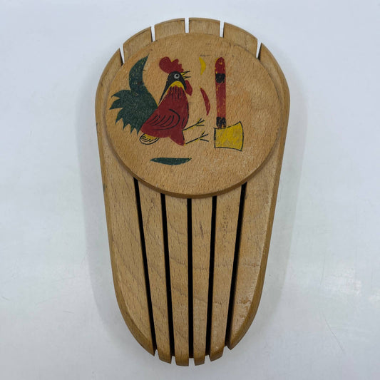 VTG Kitsch Wood Knife Block w/Rooster Wall Hanger MARBO Japan 9" TI2