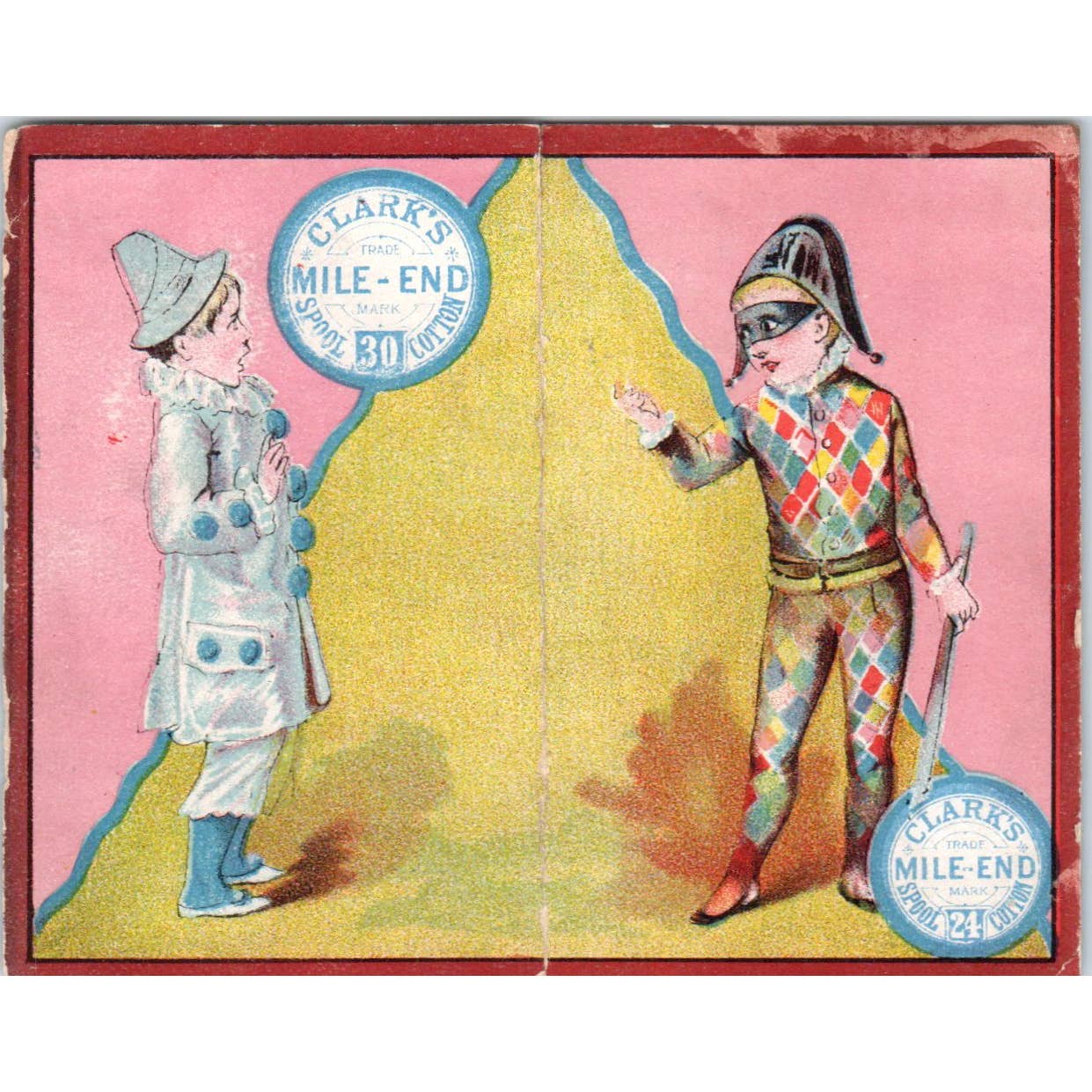 1880s Victorian Trade Card Clark's Cotton Clown Harlequin 1883 Calendar SE8