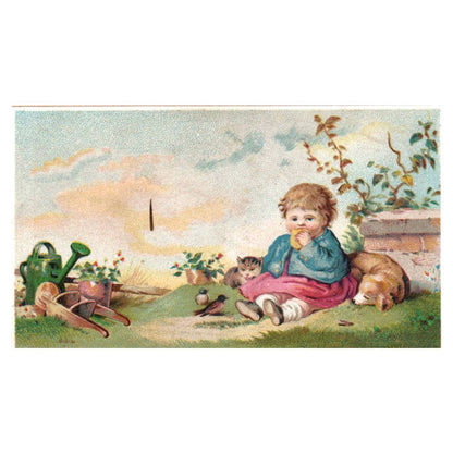 Little Girl With Dog and Cat - BLANK - 1880s Victorian Trade Card TJ8-3