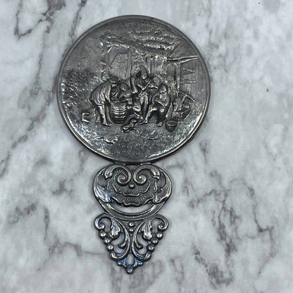 Denmark Hans Jensen Silver-Plate Repousse Beveled Hand Vanity Purse Mirror SE9
