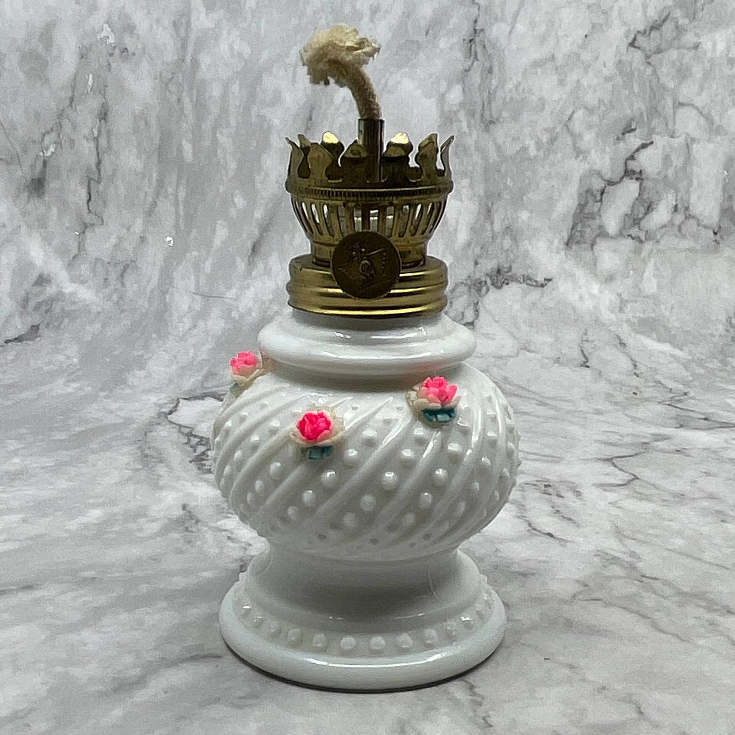 Vintage Enesco Minature Oil Lamp Hobnail Milk Glass & Bone China 8" TI7