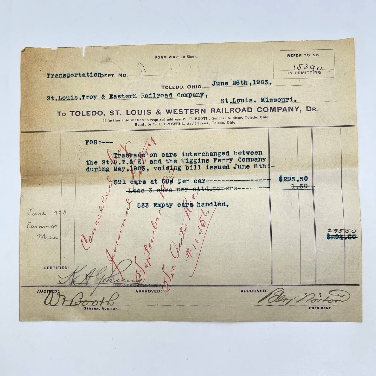 1903 Toledo, St. Louis & Western Railroad RR Receipt Trackage on Cars 15390 AA9