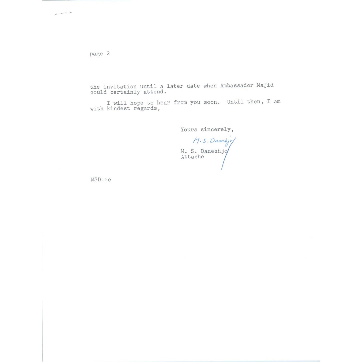 Afghanistan Ambassador Official Letterhead Memo July 1963 TK1-P8