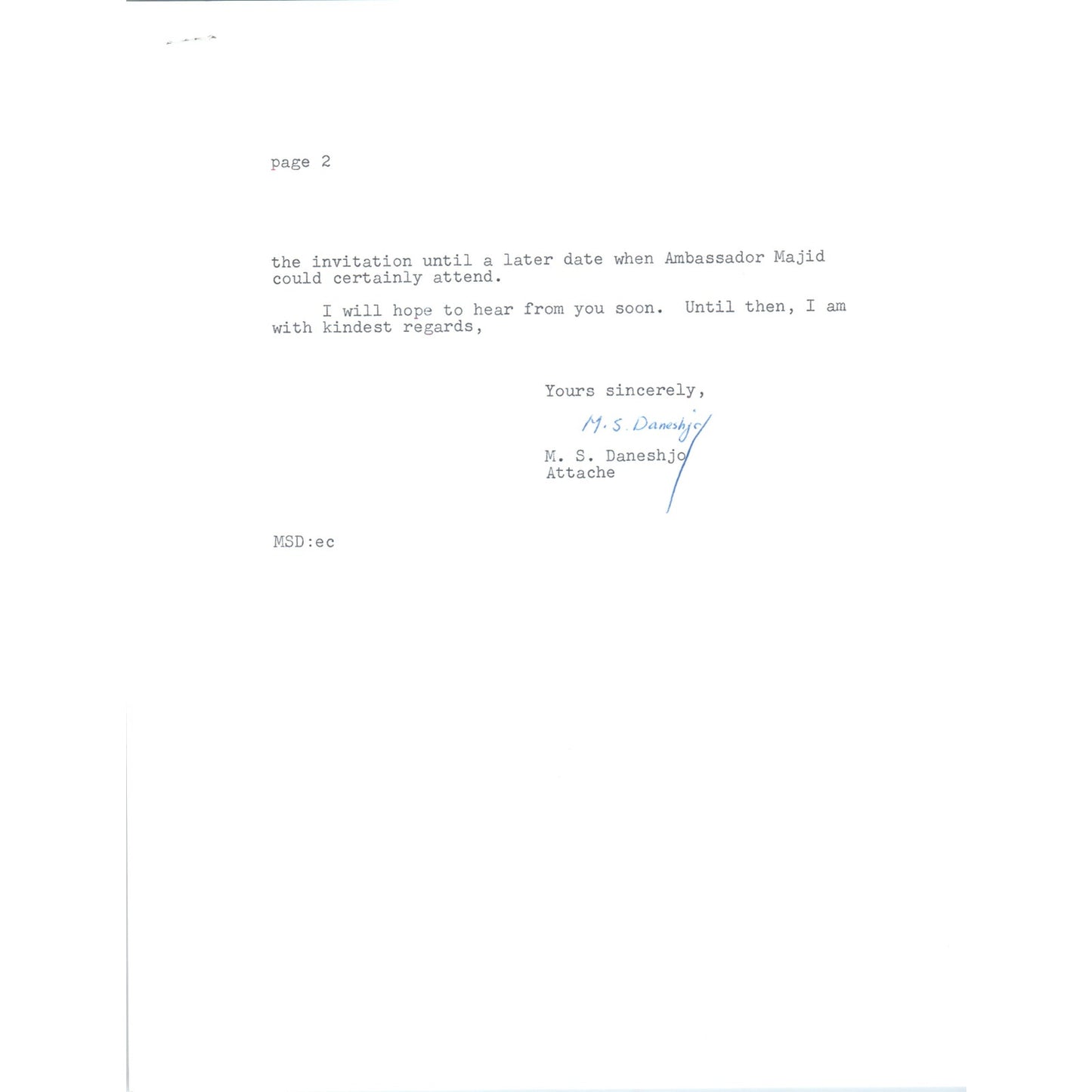Afghanistan Ambassador Official Letterhead Memo July 1963 B13