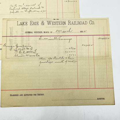 1892 Lake Erie & Western Railroad Co. Journal Voucher RR Lot of 2 AB1-6