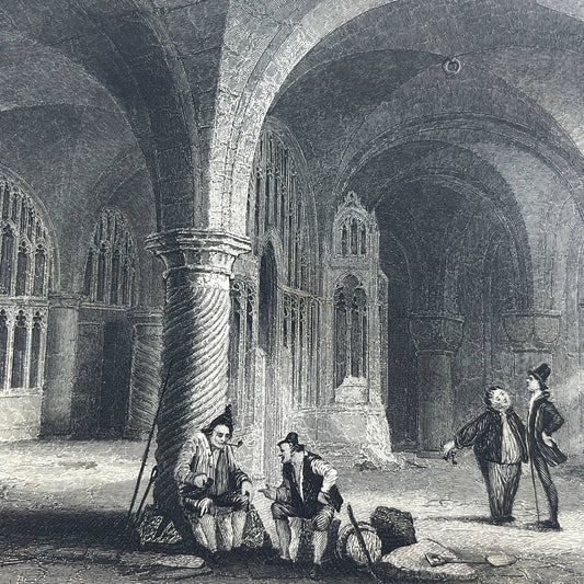 1836 Original Art Engraving Canterbury Cathedral View of The Undercroft AC6