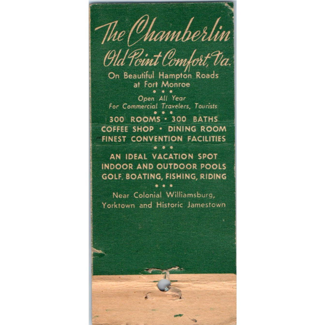 The Chamberlin Hotel Old Point Comfort VA Advertising Matchbook Cover SA1-M6