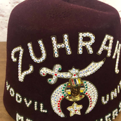 Zuhrah Merrimakers Vodvil Unit Masonic Shriner Fez Hat Rhinestone Sphinx HB1