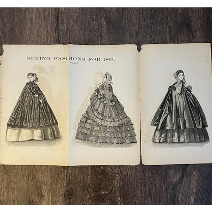 1861 Women's Spring Fashions 3 Page Engraving Fold Out Godey's Lady's Book D4-8