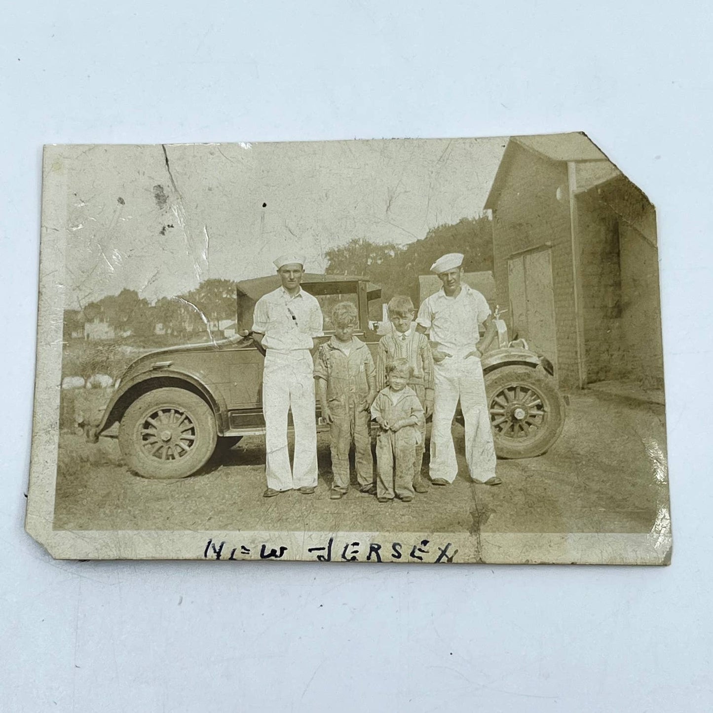 1920s Photograph Navy Sailors and Young Boys Pose in front of Automobile SC5