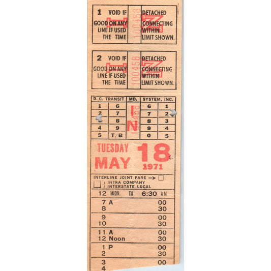 1971 Washington DC Transit System Transfer Ticket SE8