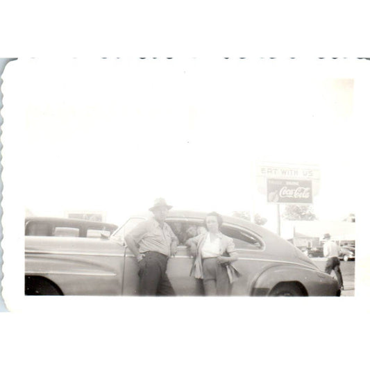 1940's Photograph Couple Posing by Ford Car Near Diner w/ Coke Sign 2x3" SE5