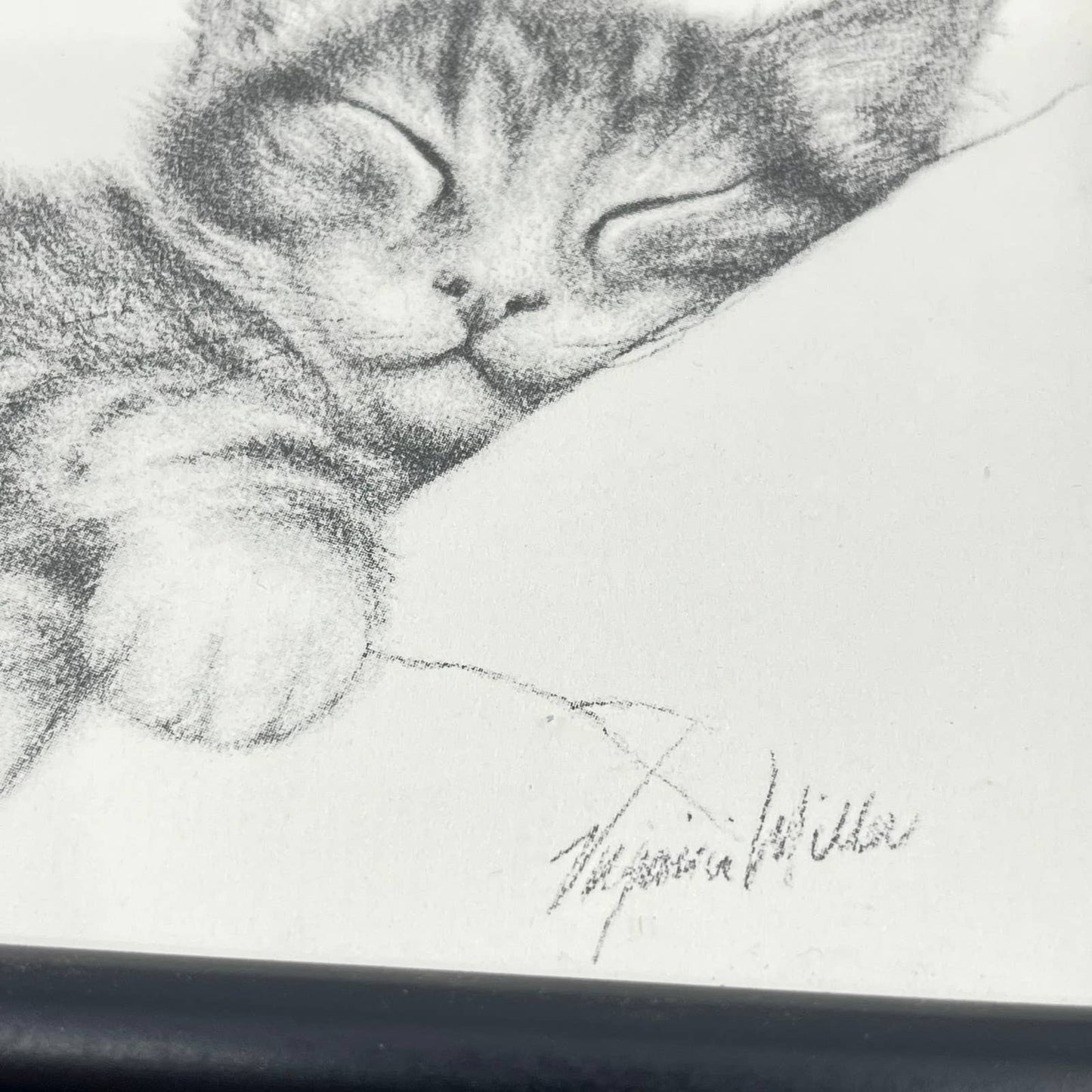 Vtg Charcoal Sketch Set of 2 Kittens Sleeping Playing w/ Yarn V. Miller 5x7” TE6
