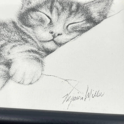 Vtg Charcoal Sketch Set of 2 Kittens Sleeping Playing w/ Yarn V. Miller 5x7” TE6