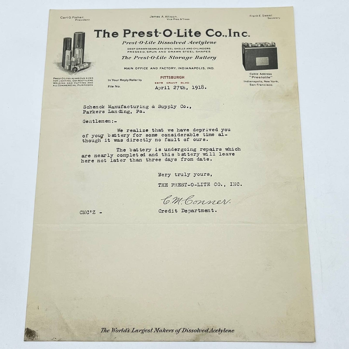 1918 The Prest-O-Lite Co. Acetylene & Battery Letterhead Indianapolis IN AB5