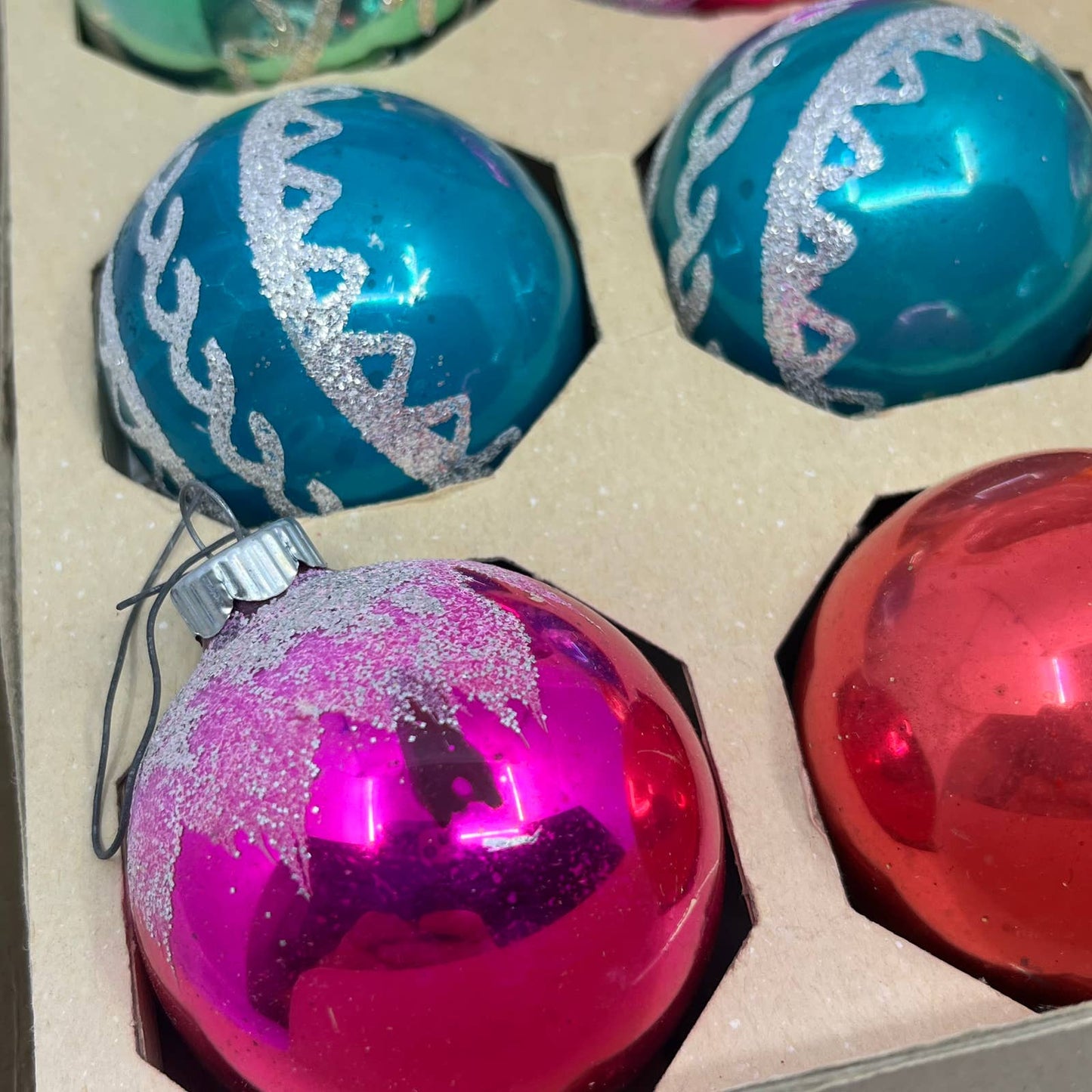Shiny Brite 12 Vtg 2 1/4" Mercury Glass Ornaments Original Box Mica Stencil OT1