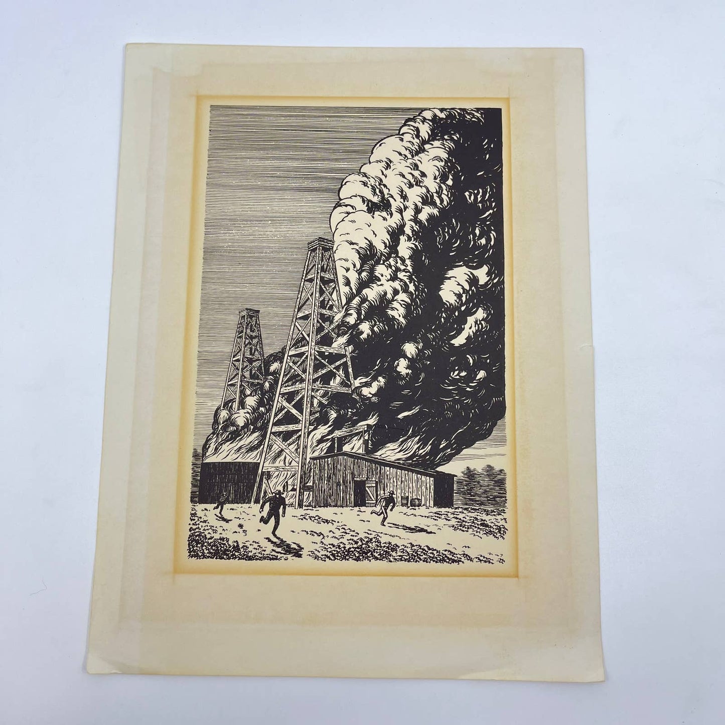 Vintage 1940s-50s Pencil Sketch Art Print Oil Derrick on Fire FL3