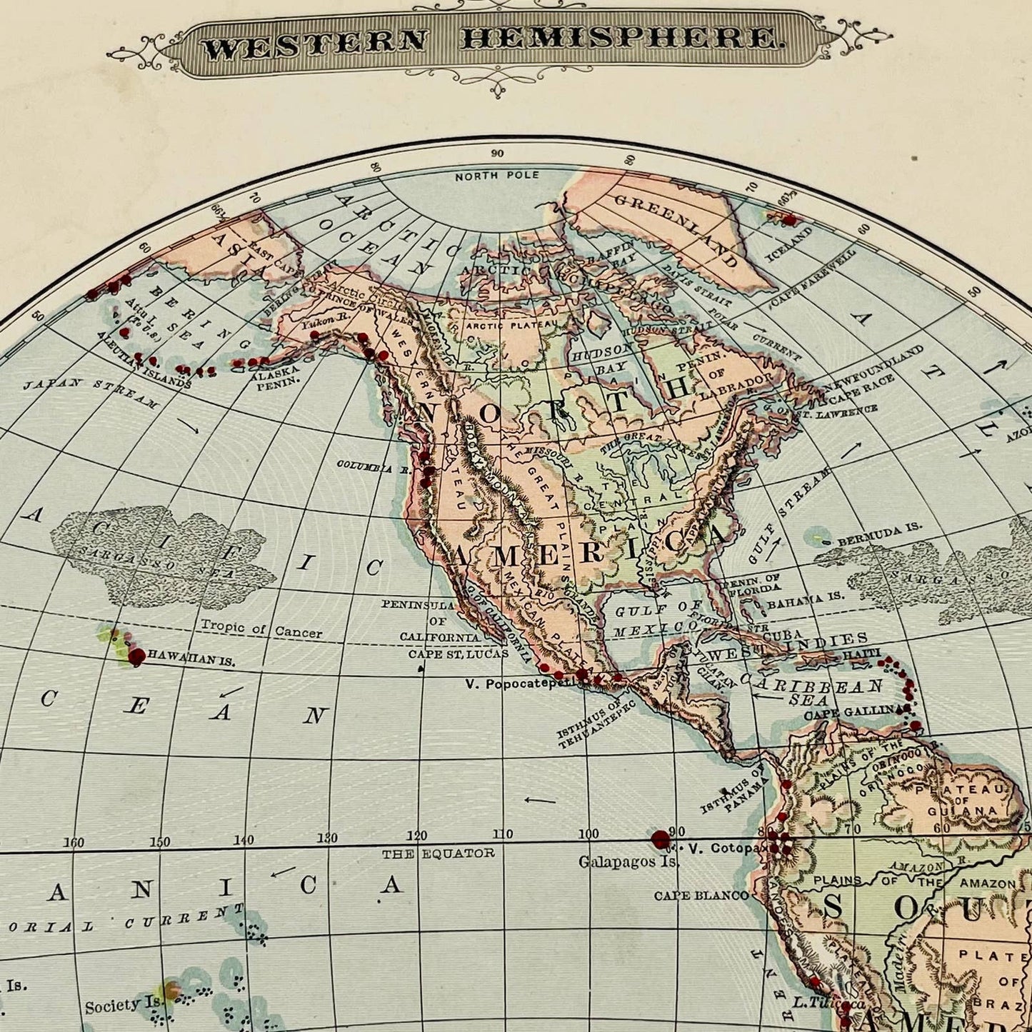 1896 Harper’s School Geography Physical Map of WESTERN HEMISPHERE Color 9x12 FL1