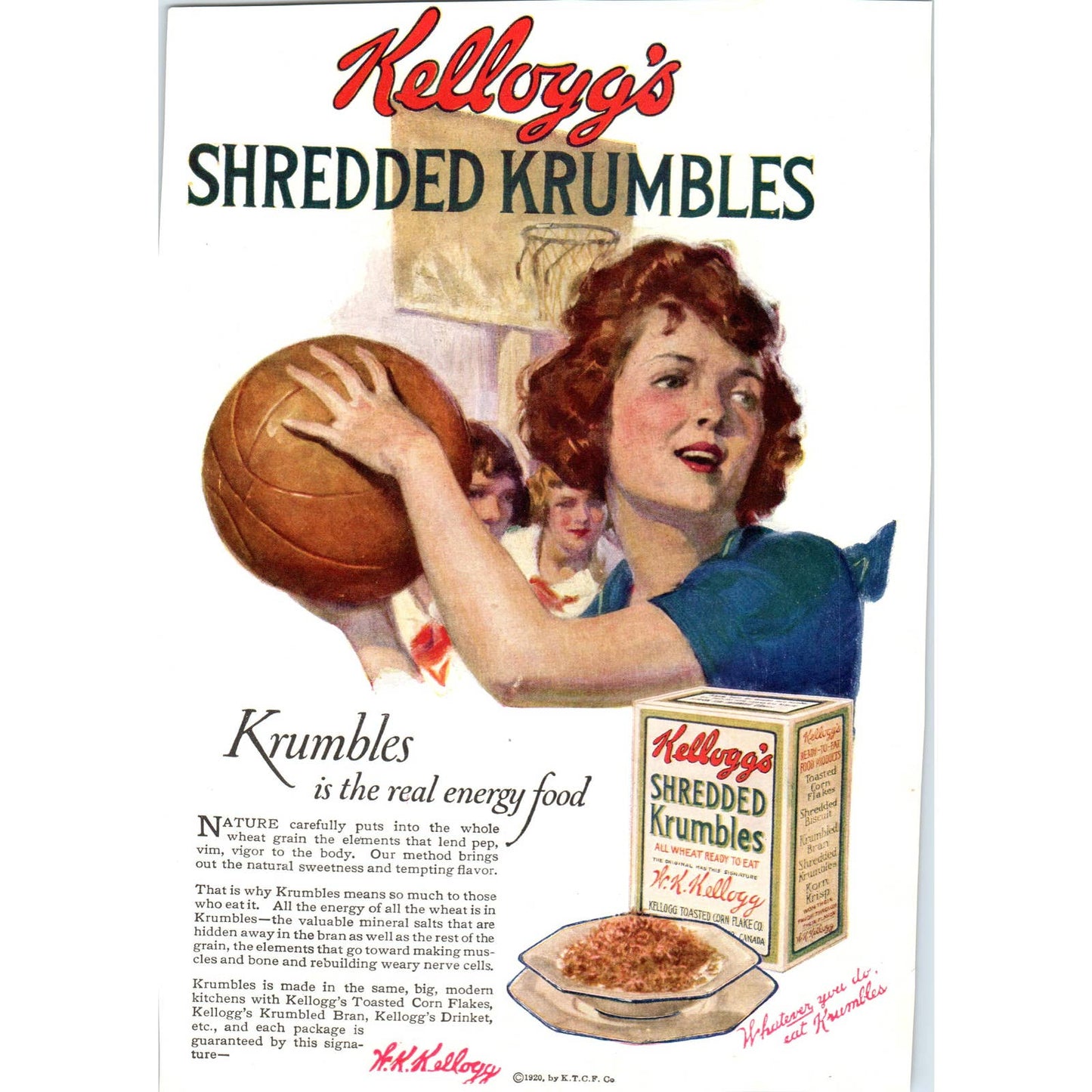c1920 Harper's Magazine Ad - Kellogg's Shredded Krumbles Basketball TF6-1
