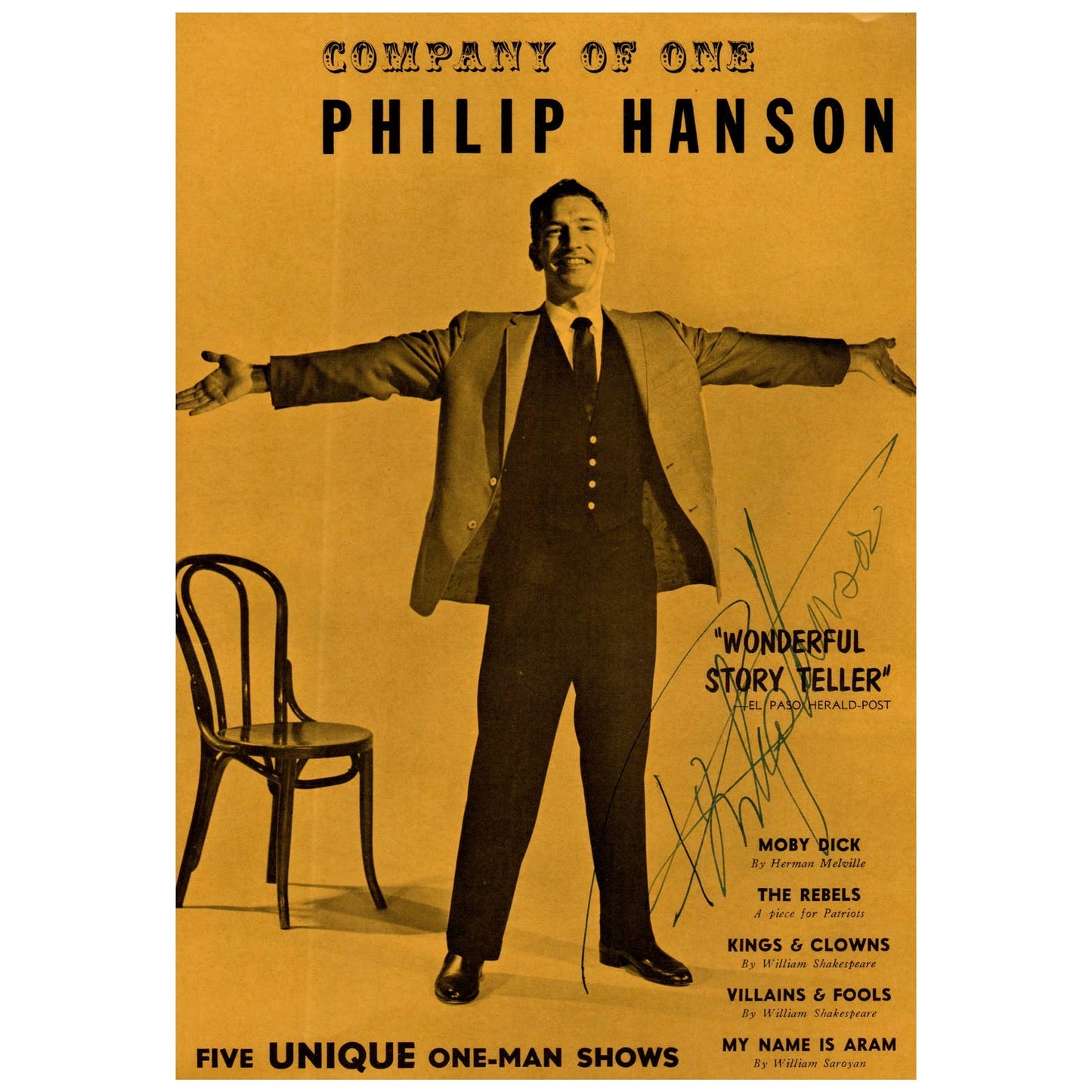 Vintage Philip Hanson Company of One Program Leaflet SIGNED One-Man Shows AC9