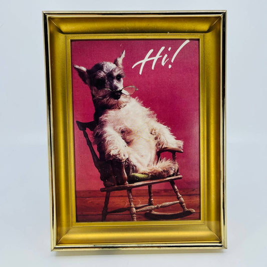 Vintage 1980s Kitsch SCHNAUZER Dog Framed Print Ricking Chair & Glasses 6x8 TB6